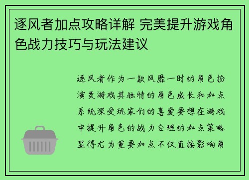 逐风者加点攻略详解 完美提升游戏角色战力技巧与玩法建议
